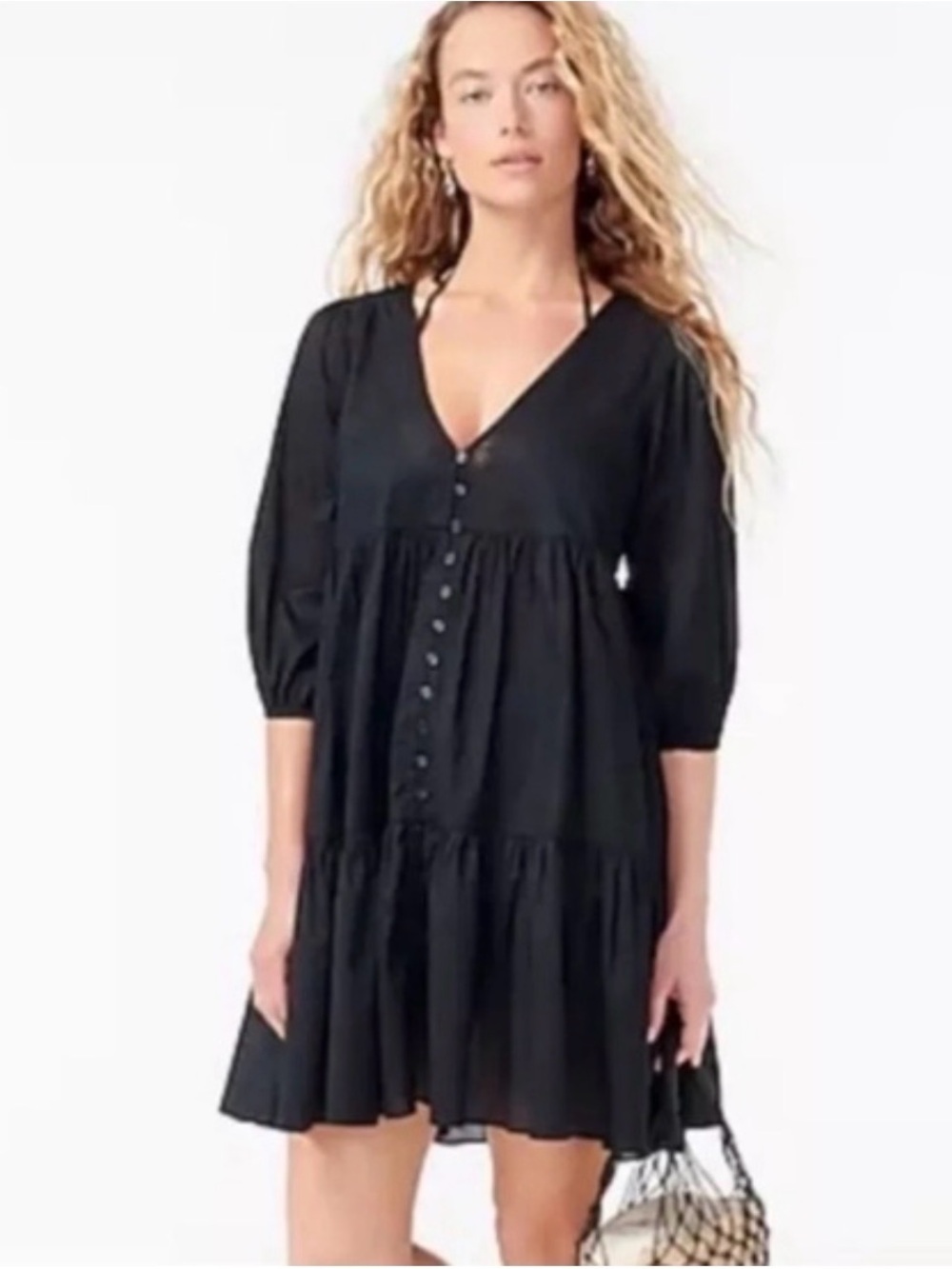 J. Crew Black Button-Front V-Neck Tiered Mini Dress/Swim Coverup